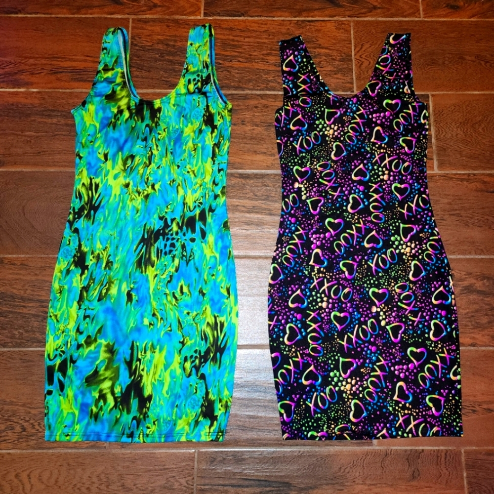 2 Pack! XS bodycon stretchy spandex mini tank dresses UV reactive club rave